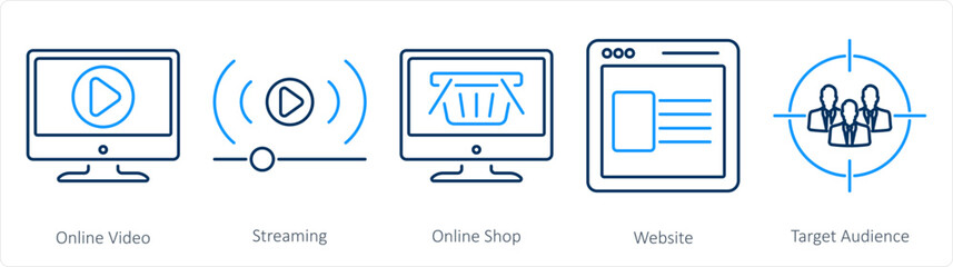 A set of 5 digital marketing icons as online video, streaming, online shop