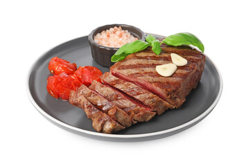 Delicious grilled beef steak with spices and tomatoes isolated on white