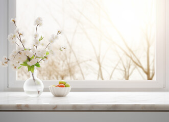 table layout with flowers in a vase and window on background