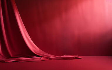 empty red room with wall, floor, spotlight and curtain background