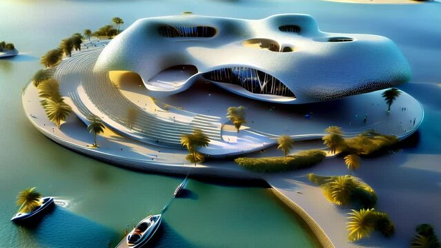 A futuristic island designed with a circular modern building at its heart, harmonizing with nature.
