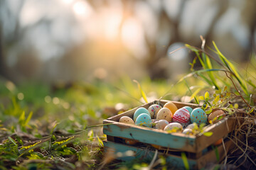 Basket full of colourful Easter Eggs in free nature.  Symbolic for the religious festival week.