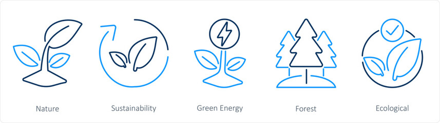 A set of 5 Ecology icons as nature, sustainability, green energy