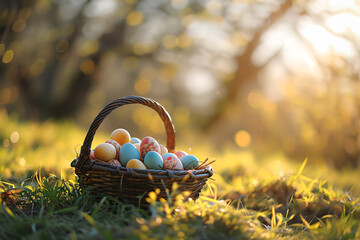 Basket full of colourful Easter Eggs in free nature. Regional customs in Europe to celebrate the religious Easter festival.