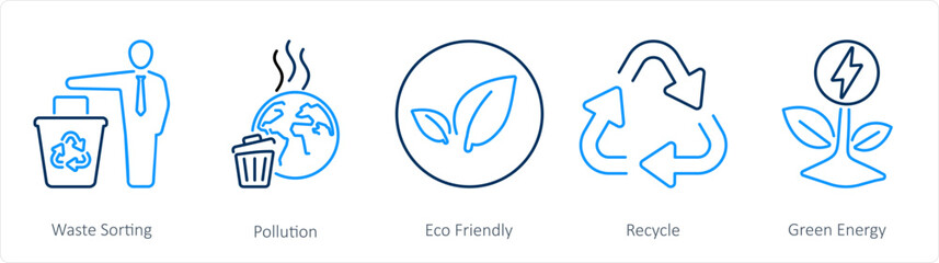 A set of 5 Ecology icons as waste sorting, pollution, eco friendly