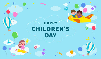 Happy Children's Day greeting card vector illustration. Child ride plane in the sky background