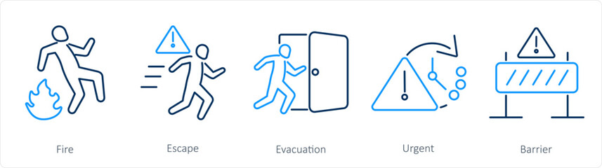 A set of 5 Emergency icons as fire, escape, evacuation