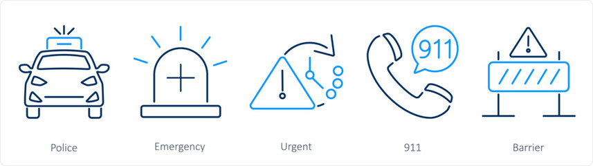 A set of 5 Emergency icons as police, emergency, urgent