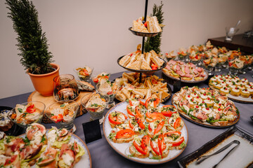 appetizing appetizers presented at a catering event. A variety of dishes are neatly arranged on the buffet table, showcasing a range of colors and textures.