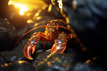 Lobster Lair: Macro shot of a lobster in its rocky lair.