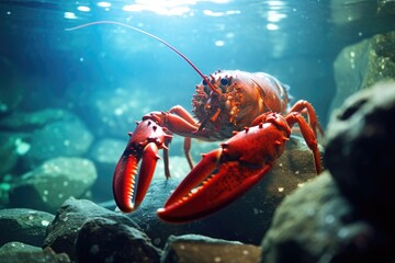 Lobster Lair: Macro shot of a lobster in its rocky lair. - obrazy, fototapety, plakaty
