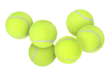 Many tennis balls flying on white background