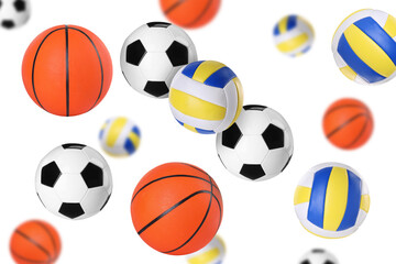 Many balls for different sports flying on white background