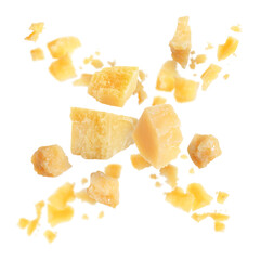 Tasty parmesan cheese falling on white background