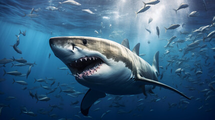 Great white shark swims underwater