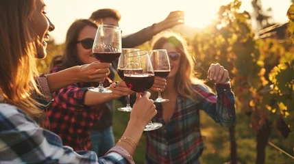 Fotobehang Friends with glasses of red wine and cheerful cheer during wine tasting. a beautiful scene where young people enjoy harvesting together outdoors in the countryside, created with Generative Ai technolo © Viktor