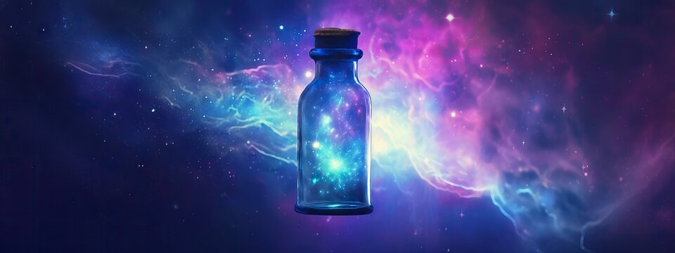 Bottle of magic potion glowing in darkness with mystery night starry sky on background. Glass vial with galaxy elixir. Fantasy substance, witch's bottled drinks