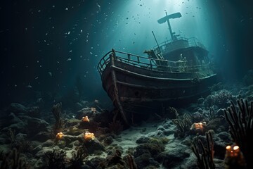 Sunken Shipwreck: Close-up of marine life thriving on a sunken shipwreck. - obrazy, fototapety, plakaty