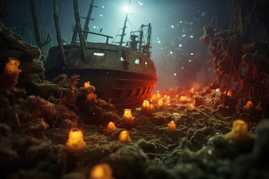 Sunken Shipwreck: Close-up of marine life thriving on a sunken shipwreck. © OhmArt