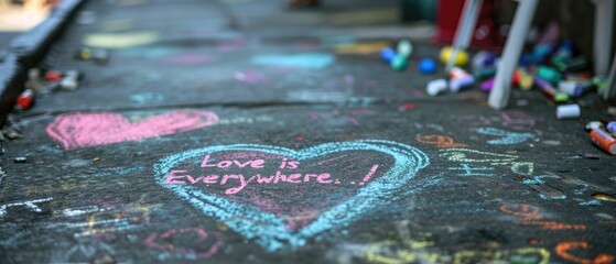 A Heartshaped Chalk Drawing On A Sidewalk With The Text Love Is Everywhere