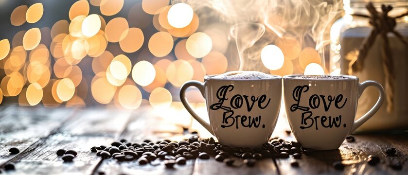A Creative Shot Of Two Coffee Cups Forming A Heart Shape With Steam Saying Love Brew