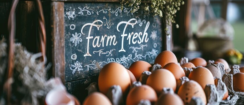 A Rustic Chalkboard Sign With The Words Farm Fresh Eggs Surrounded By A Basket Of Eggs In A Barn Setting