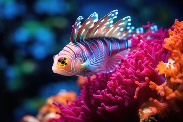 Coral Crownfish: Macro shot of crownfish swimming amidst vibrant coral.