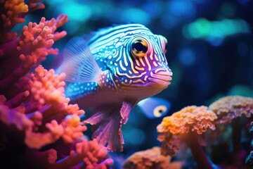 Coral Crownfish: Macro shot of crownfish swimming amidst vibrant coral.
