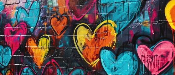 Bold And Modern Graffitistyle Hearts In Neon Colors - obrazy, fototapety, plakaty