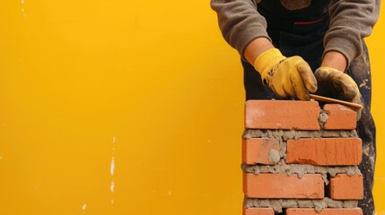 Bricklayer's hands in yellow gloves in the process of bricklaying against a vibrant yellow background - obrazy, fototapety, plakaty