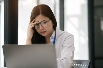 Businesswoman eyestrain fatigued from computer work, stressed women suffer from headache bad vision...