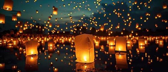 Illuminated Lanterns Soar Through The Night Sky