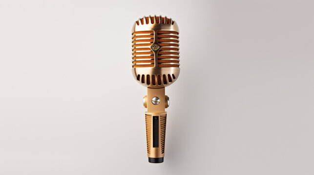 Close up of a vintage, retro golden microphone on a clear background