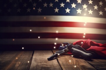tools on a wooden table against the background of the American flag