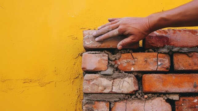 A close-up of a man’s hand dusted with cement, skillfully laying bricks
