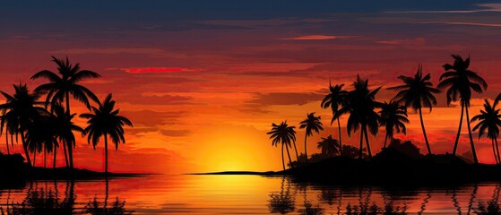 Fototapeta na wymiar Sunset Serenity Palm Trees Silhouette Against A Fiery Caribbean Sky