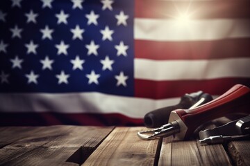 tools on a wooden table against the background of the American flag