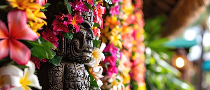Fototapeta Tropical Lei Colorful Flower Garlands Draped On A Tiki Statue