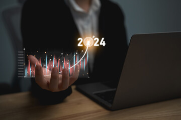 2024 business target goal finance technology and investment stock market trading. businesswoman...
