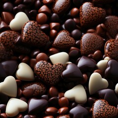 Assorted chocolate heart candies, white, dark, milk and red chocolate background. Top view.