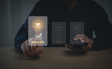 Businessman give five star virtual icon positive smile happy emotion providing premium service. Top...