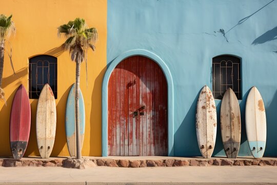 Surfboards agains a colorful wall with wooden door