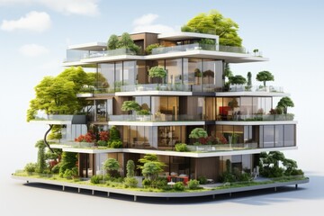 Modern residential district with green roof and balcony
