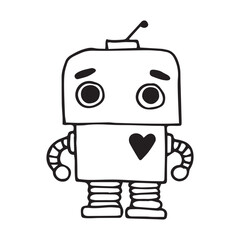 vector drawing in doodle style, cute robot. funny character for children, black and white line drawing.	