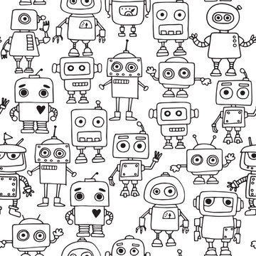 vector seamless pattern. drawings in doodle style. cute robots, simple illustration for kids. black and white robots, technology of the future	
