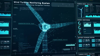Futuristic wind turbine energy control center interface design, digital data network battery management system, green renewable power technology software, engineering iot HUD information 3d rendering - Powered by Adobe