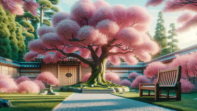 Beautiful pink cherry tree with seats and wooden doors, AI Generate image