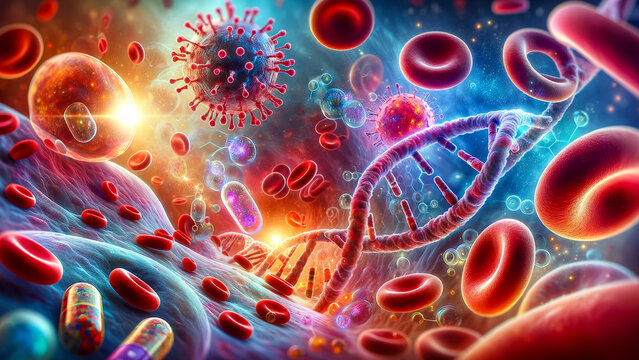 Clouds of germs, viruses, red blood cells, white blood cells and DNA, AI generated images - Powered by Adobe