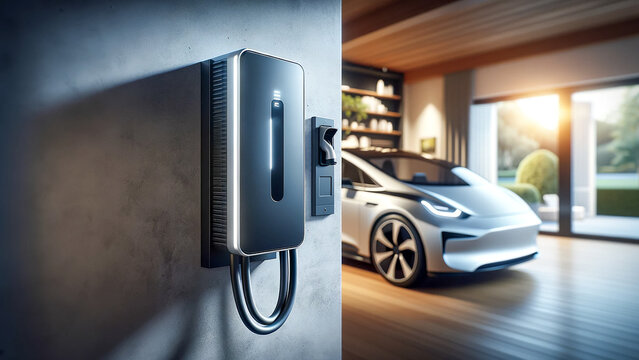 Electric vehicle charging battery installed at home, AI generative image