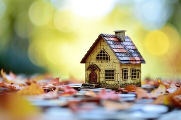 A miniature house placed amidst fallen autumn leaves - obrazy, fototapety, plakaty